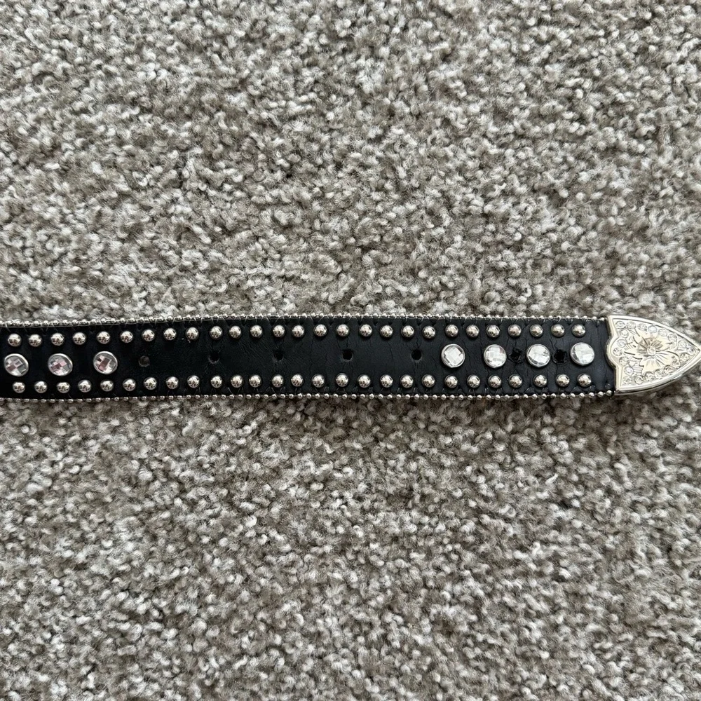 Nocona Leather Belt 26 Black Studded Rhinestone Sliver Bling Cowgirl Y2K Boho‎
